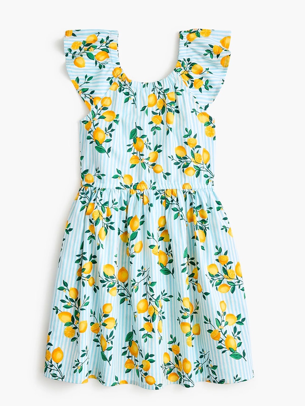 Crewcuts Blue Striped Lemon Print Bow Back Ruffle Sleeve Dress NWT size 7